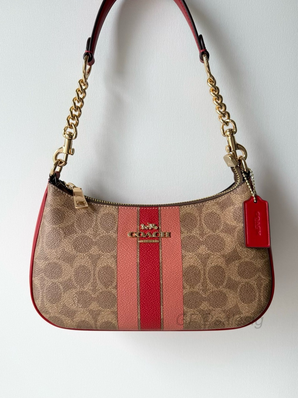 NWT Coach Teri Shoulder Bag In Signature Canvas With Stripe Gold/Tan CAL81